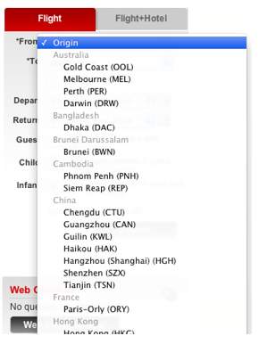 AirAsia categorises their ‘fly from’ cities into related countries in their drop down