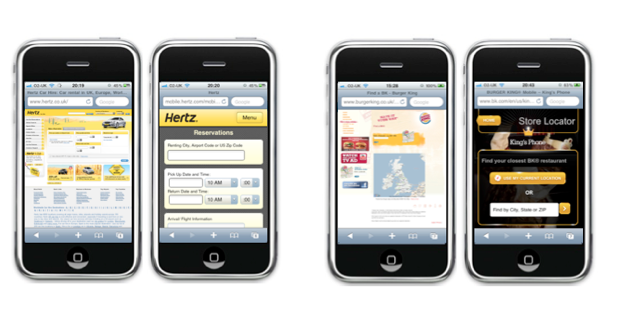 Desktop and mobile versions of Hertz reservation form and Burger King store locator form