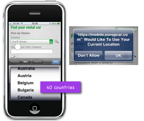 Europcar uses location detection to shorten the drop down for pick up country 