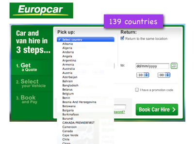 Europcar has a long drop down listing 139 pick up countries