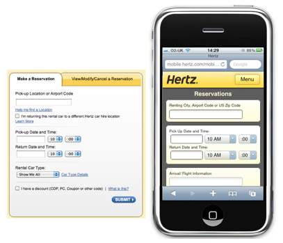 Hertz simplifies its booking form by removing secondary elements such as tips and helps