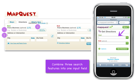 Mapquest simplifies their form by combining three search features into one input field
