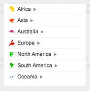 A screenshot of the uberVU location browser, highlighting countries.