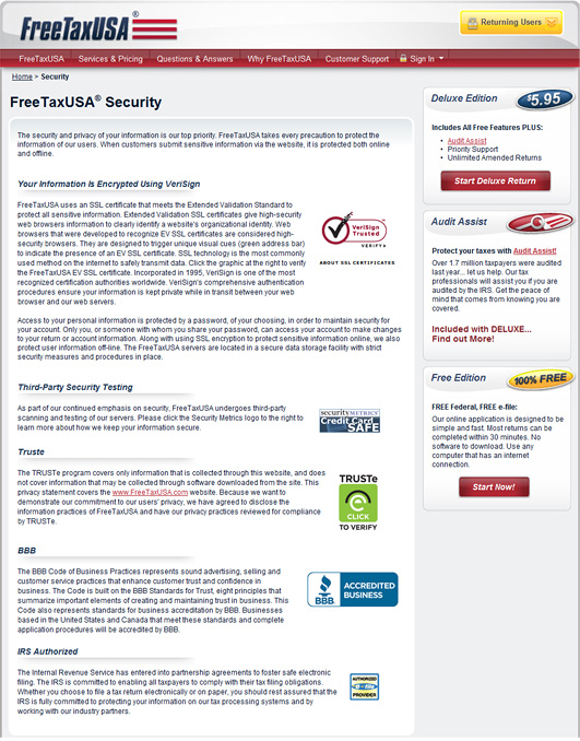 On the FreeTaxUSA site, security seals are displayed persistently on the footer, and users can read the descriptions by clicking on any one of the seals.