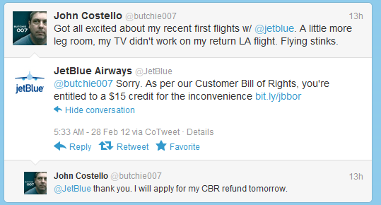 A JetBlue representative responds on Twitter.com