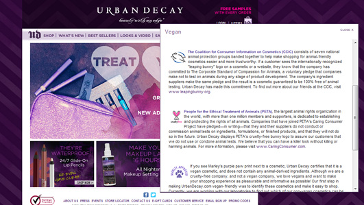 Urban Decay‘s stand on animal testing and cruelty-free shopping can be viewed by clicking on the Leaping Bunny, Cruelty-free, or Marley Approved logos on its site.