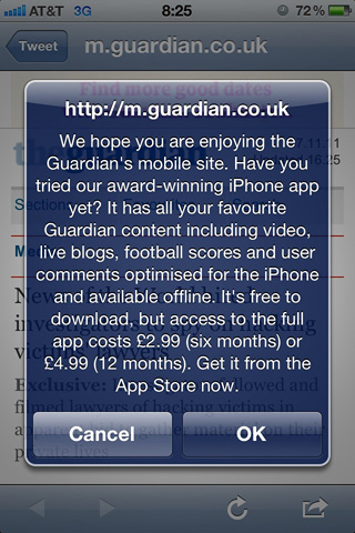 A javascript popup message in iOS 4