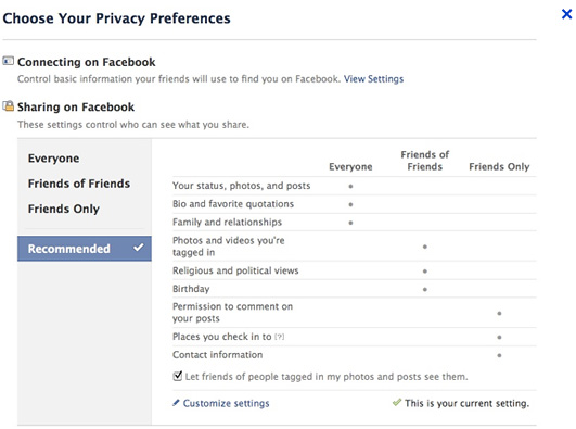 Facebook's old privacy settings page