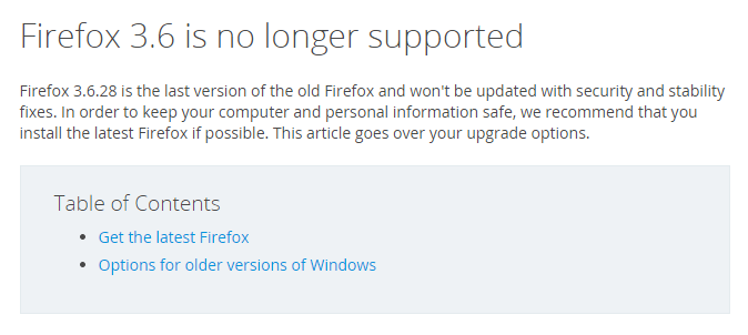Firefox recommends users upgrade to a newer version.