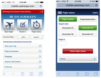 The US Airways mobile website.