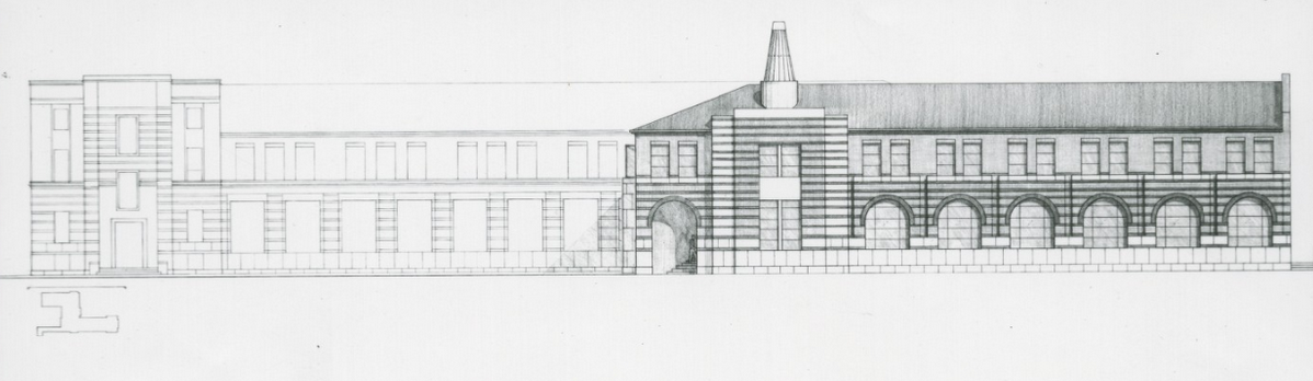 A blueprint of a James Stirling building.