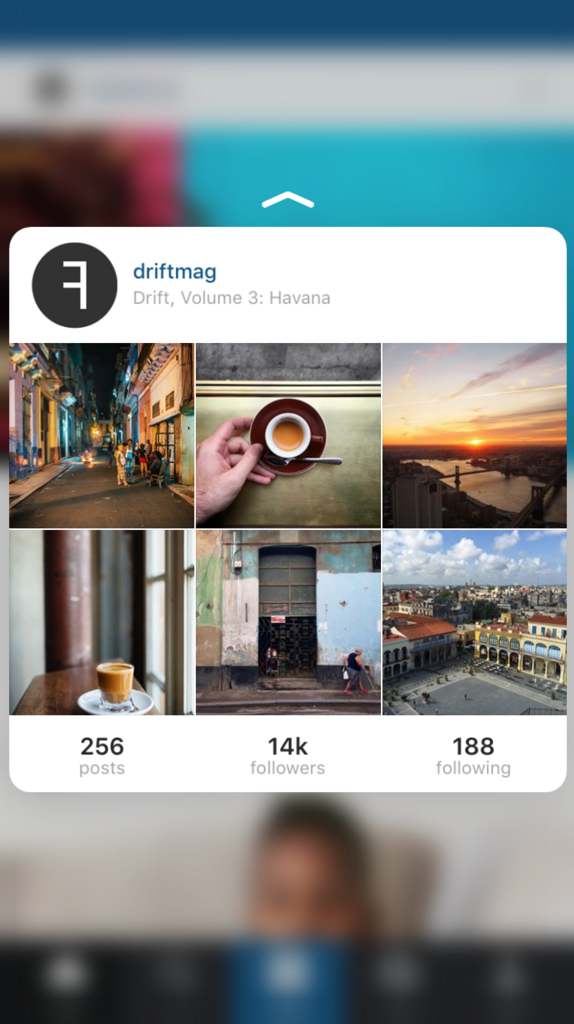 The Peek and Pop action allows users to view an Instagram profile.