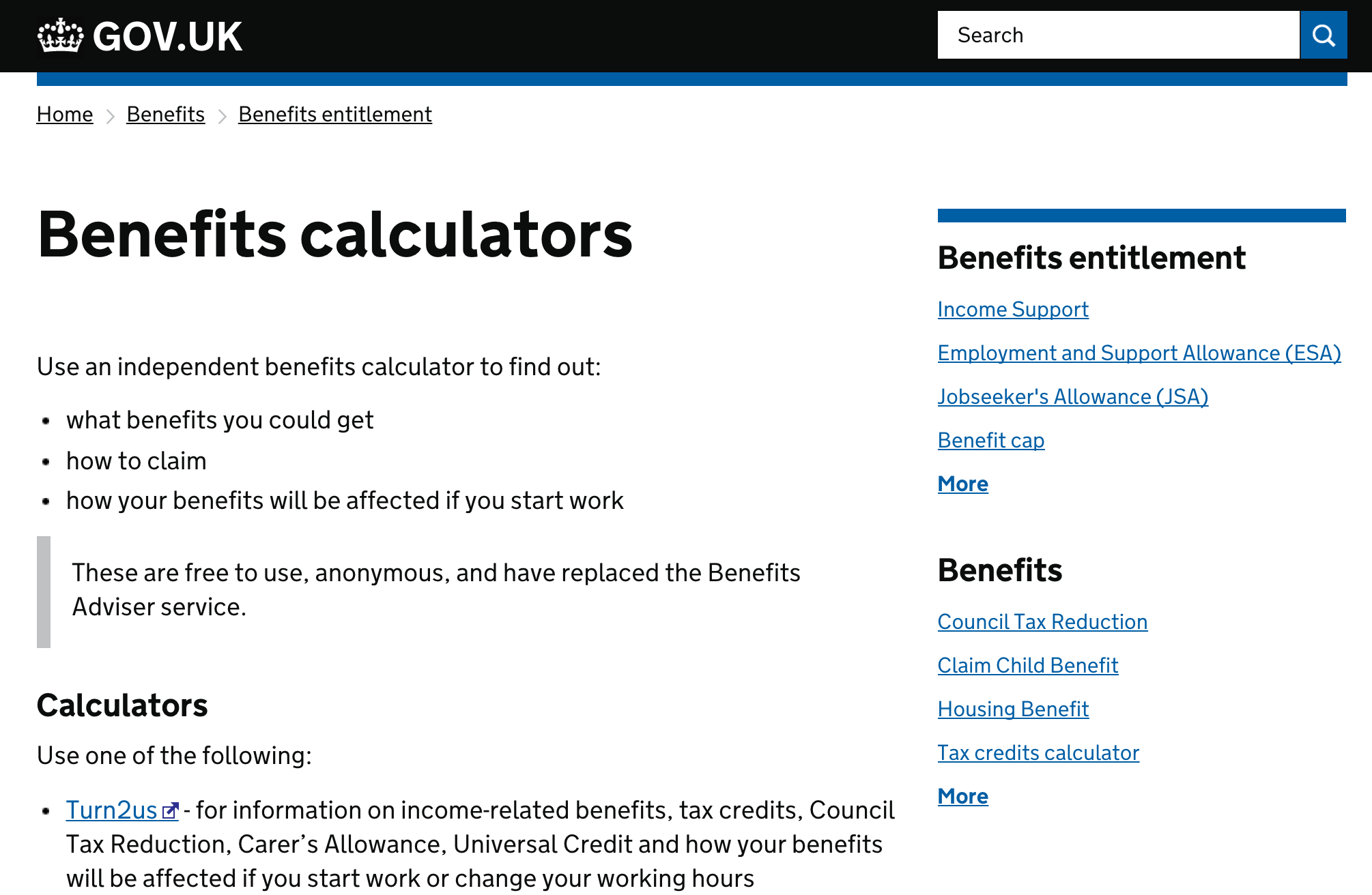 A screenshot of the Benefits Calculator page.