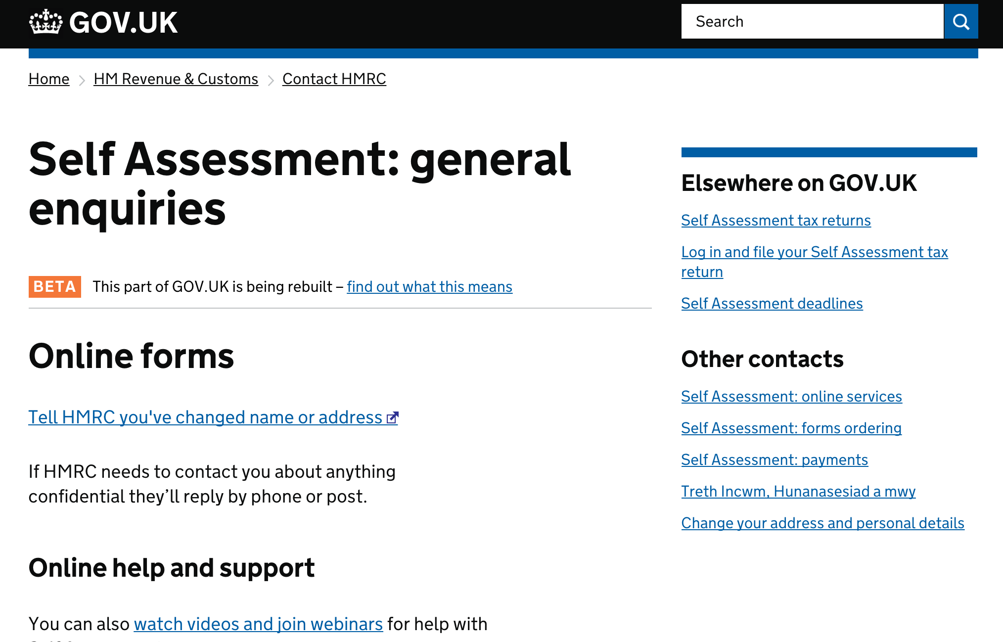 A screenshot of the Gov.UK site Self Assessment page.