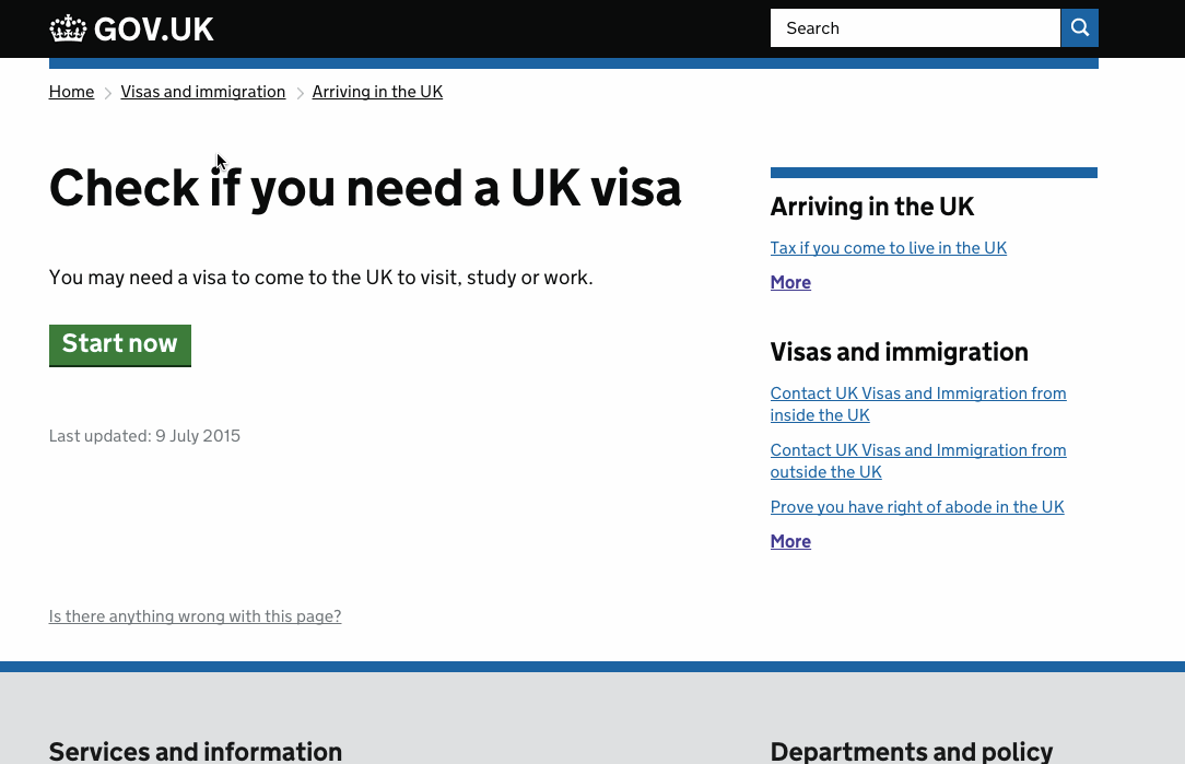 A screenshot of the Gov.UK site Visa self-service page.