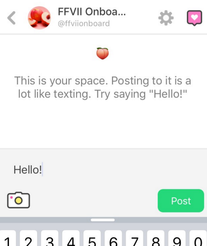 A screenshot of Peach, showing the user's first Hello! screen.