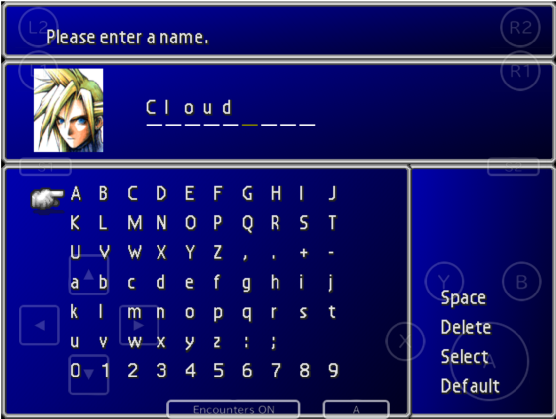 A screenshot of Final Fantasy pre-filling the name selector with the name Cloud.