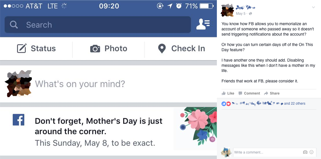 Facebook's Mother's Day banner reminded everyone that Mother's Day was coming up, including some people who may not have wanted to remember.