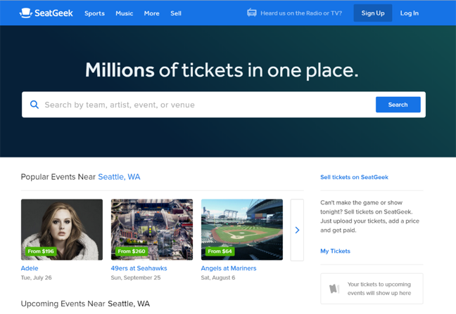 An image of SeatGeek, a complex site with a searchbar front and center.