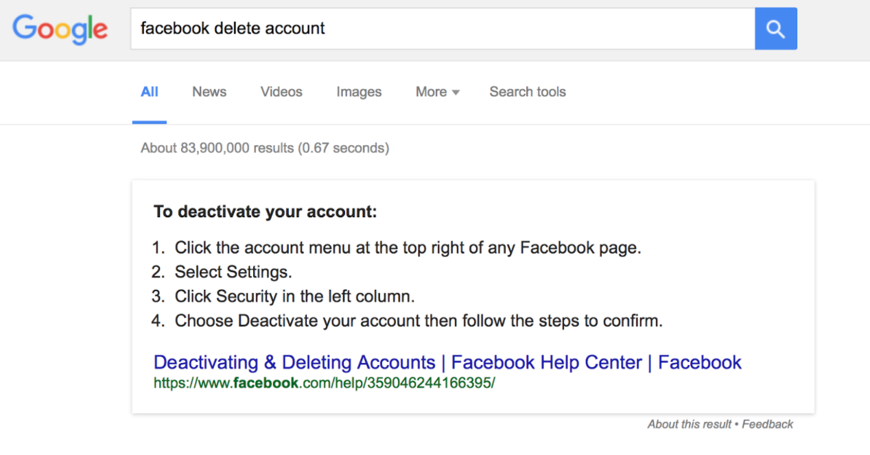 The instructions for deleting a Facebook profile only allow for deactivation.