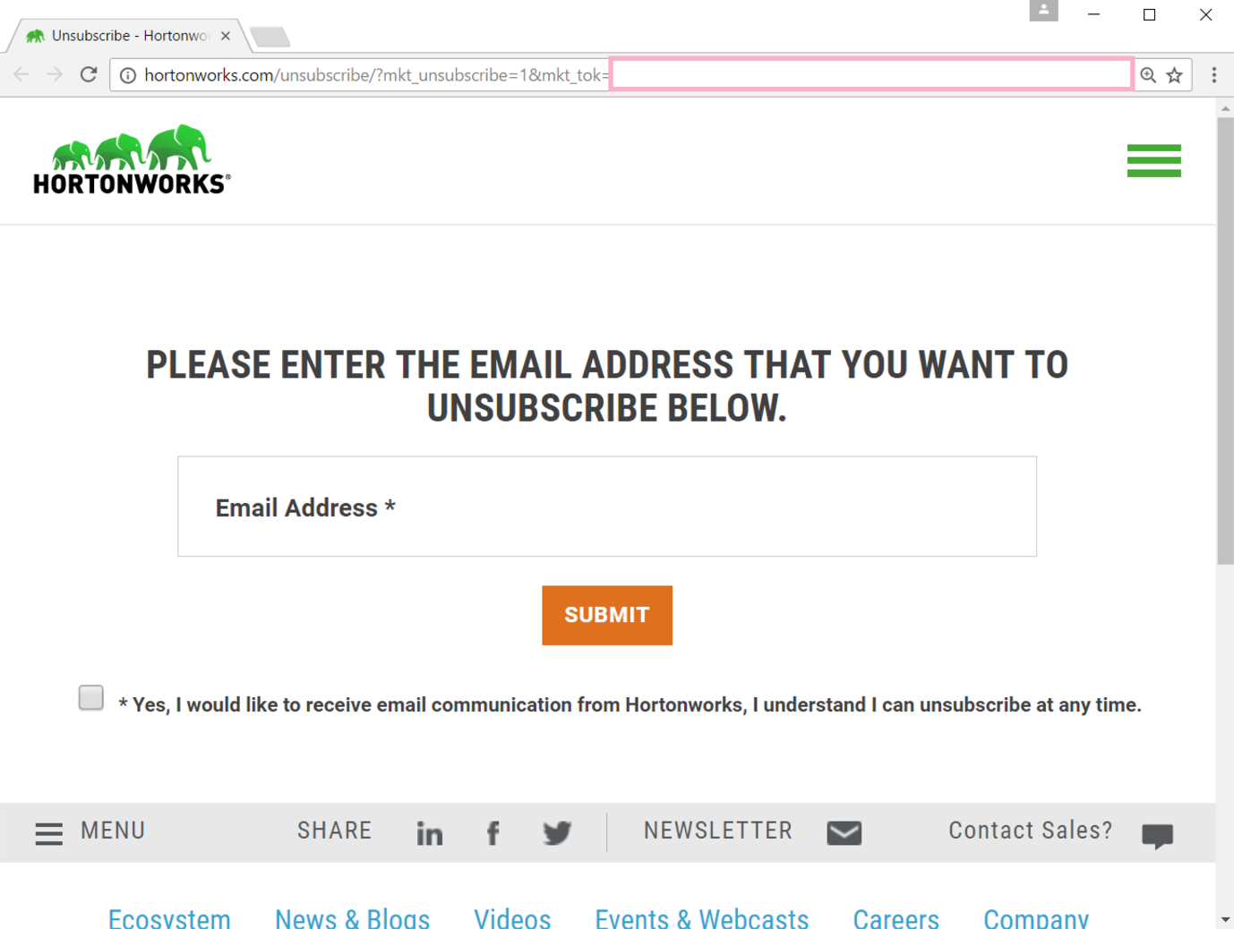 HortonWorks requires people to enter their email and re-click a box to unsubscribe.