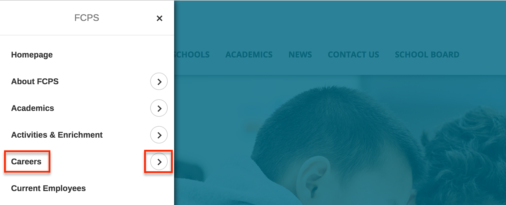 On the Fairfax County Public School’s full menu, if the user wants to access the Careers landing page they can click on the “Careers” text or they can click on the arrow to access the subpages for Careers.