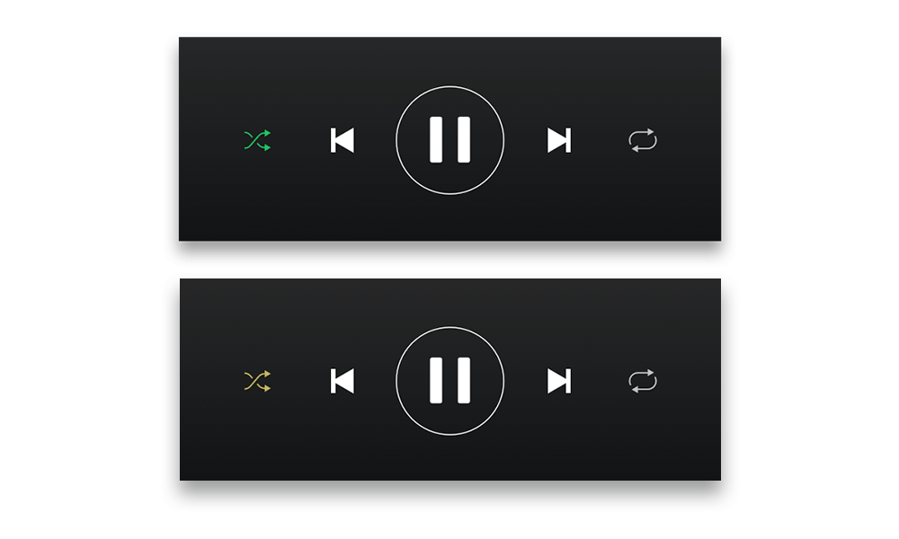 Approximation of how a colorblind user with protanopia color blindness may see the Shuffle button in Spotify.