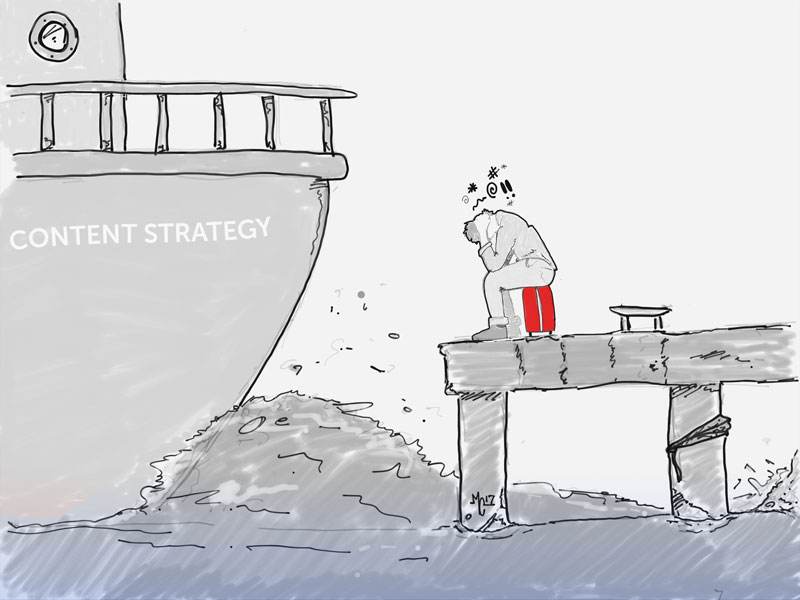 Man missing the content strategy boat, sitting on a dock, feeling like everything's lost.