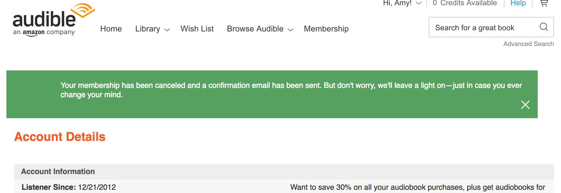 Cancellation confirmation message from Audible