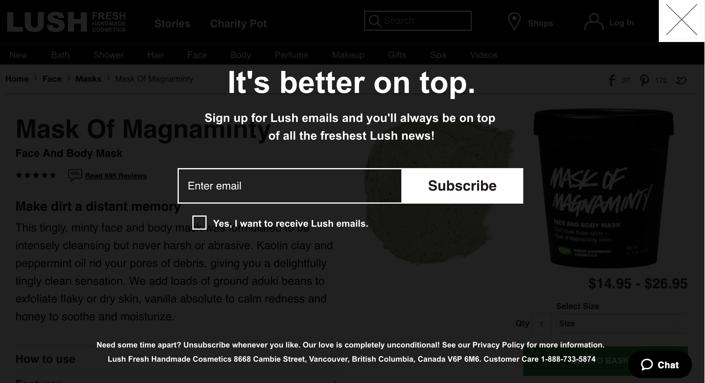 Email signup screen from Lush Cosmetics