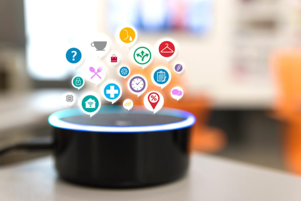 photo of Amazon Echo with graphic representations of apps