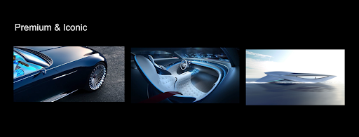 Mood board showing three images of futuristic cars and the words premium and iconic