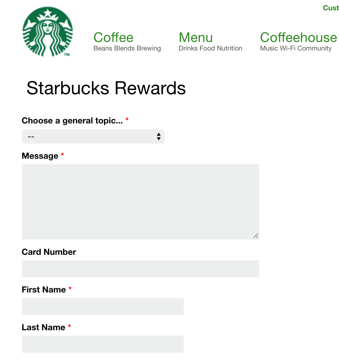 Screenshot of a contact form on the Starbucks website that has separate fields for First Name and Last Name