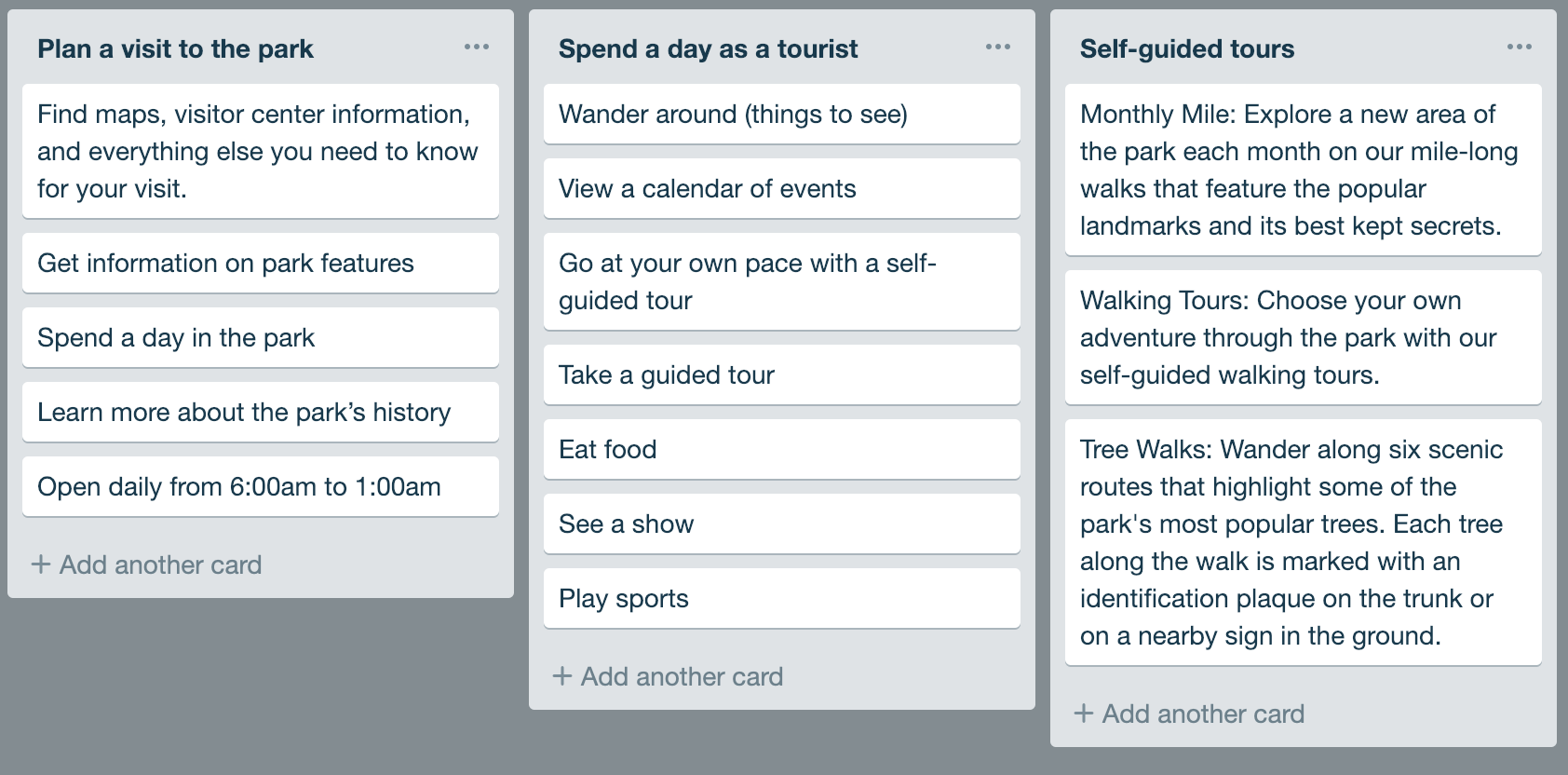 a testing board with columns for plan a visit, spend the day as a tourist, and self-guided tours