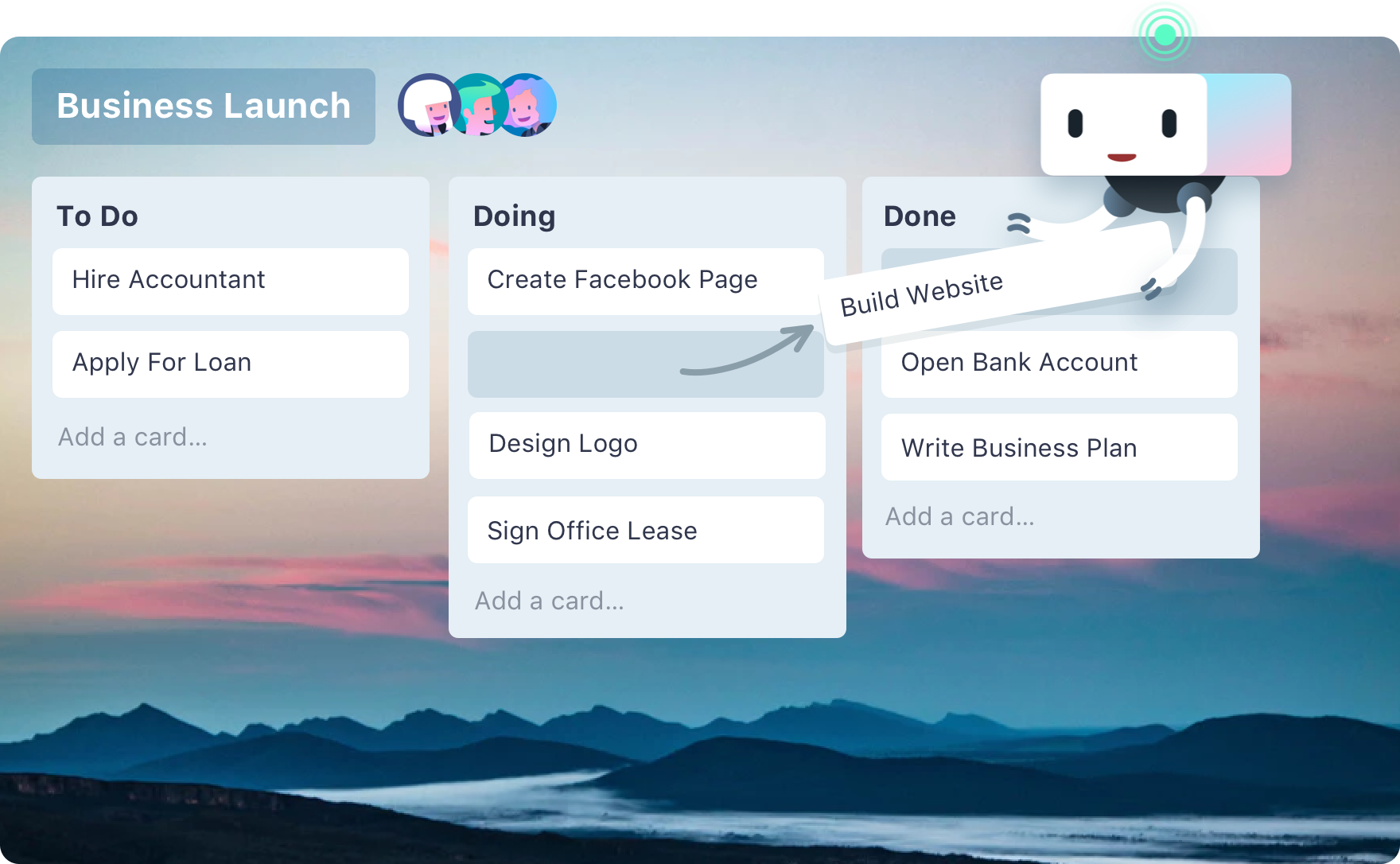 a sample board from Trello showing to do, doing, and done columns