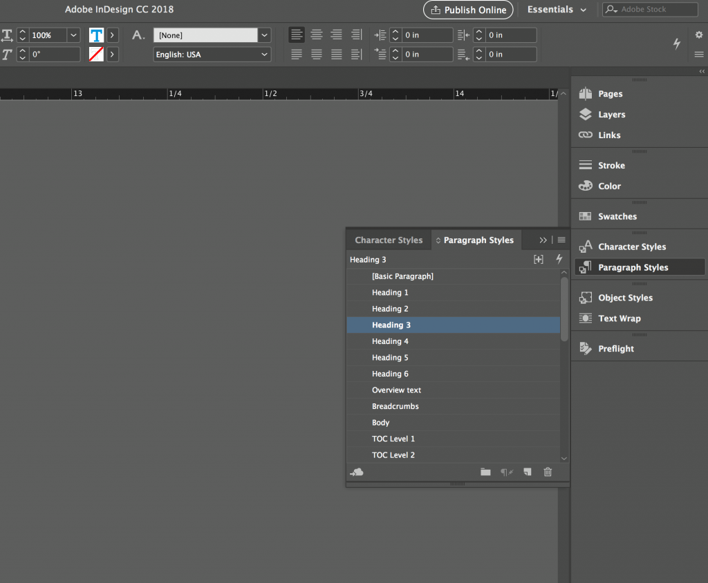 screen from an InDesign palette showing custom function shortcuts and groupings