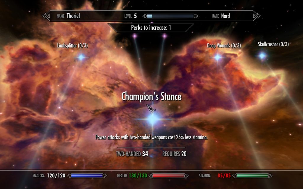 video game character stats and abilities displayed over beautiful constellation image