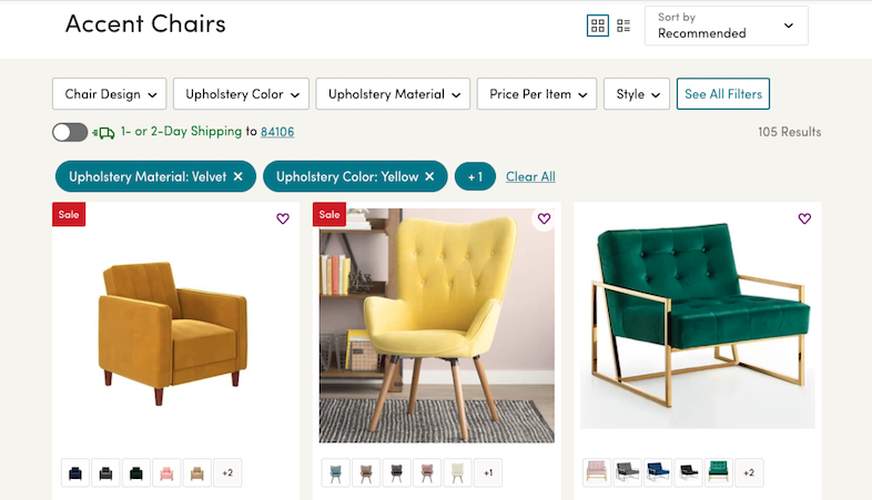 wayfair.com screen showing faceted search for arm chairs, including chair design, upholstery color, material, price, and so on