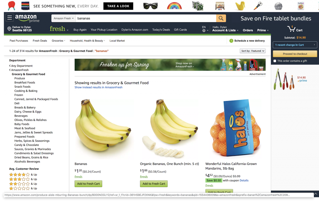 amazon home screen showing fresh bananas and oranges to be selected and added to cart