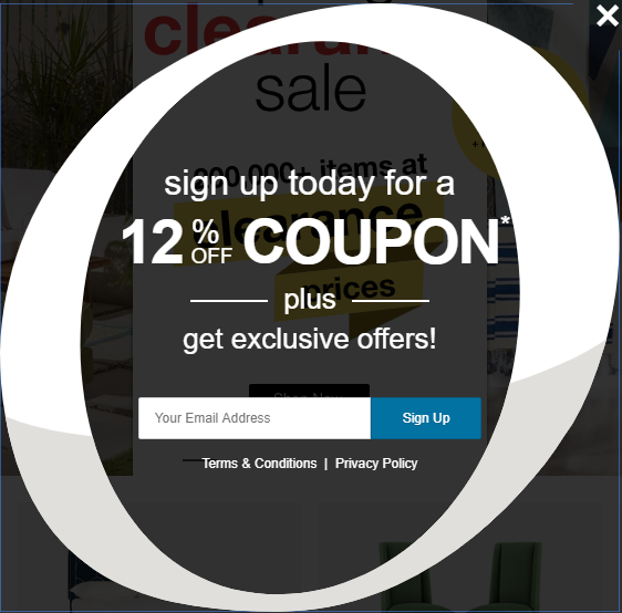 modal from Overstock.com offering a discount coupon in exchange for an email address