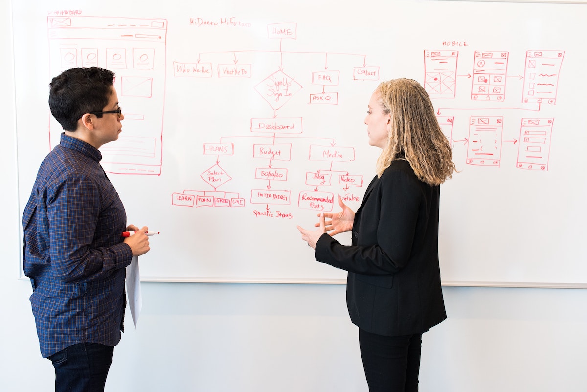 Two people meeting in front of a whiteboard