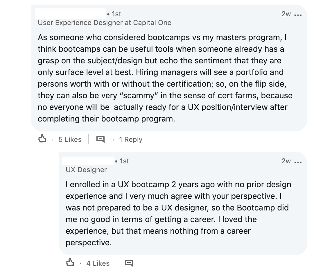 Screenshot of comments against bootcamps