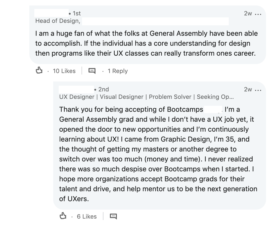 Screenshot of comments in favor of bootcamps