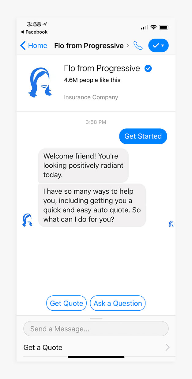 Screenshot of Progressive Insurance chatbot