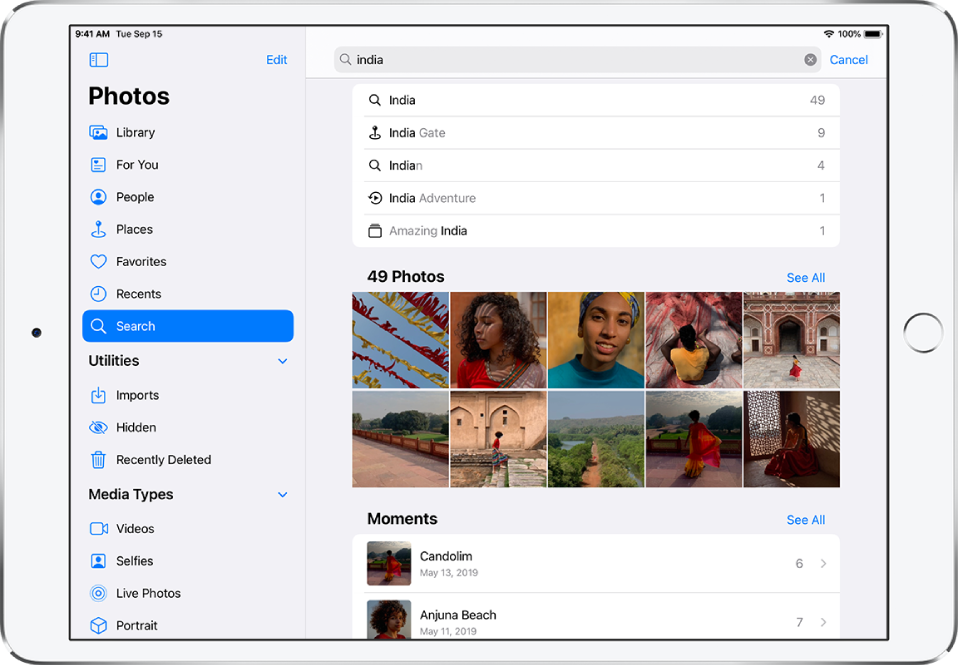 Searching and selecting photos on an iPad