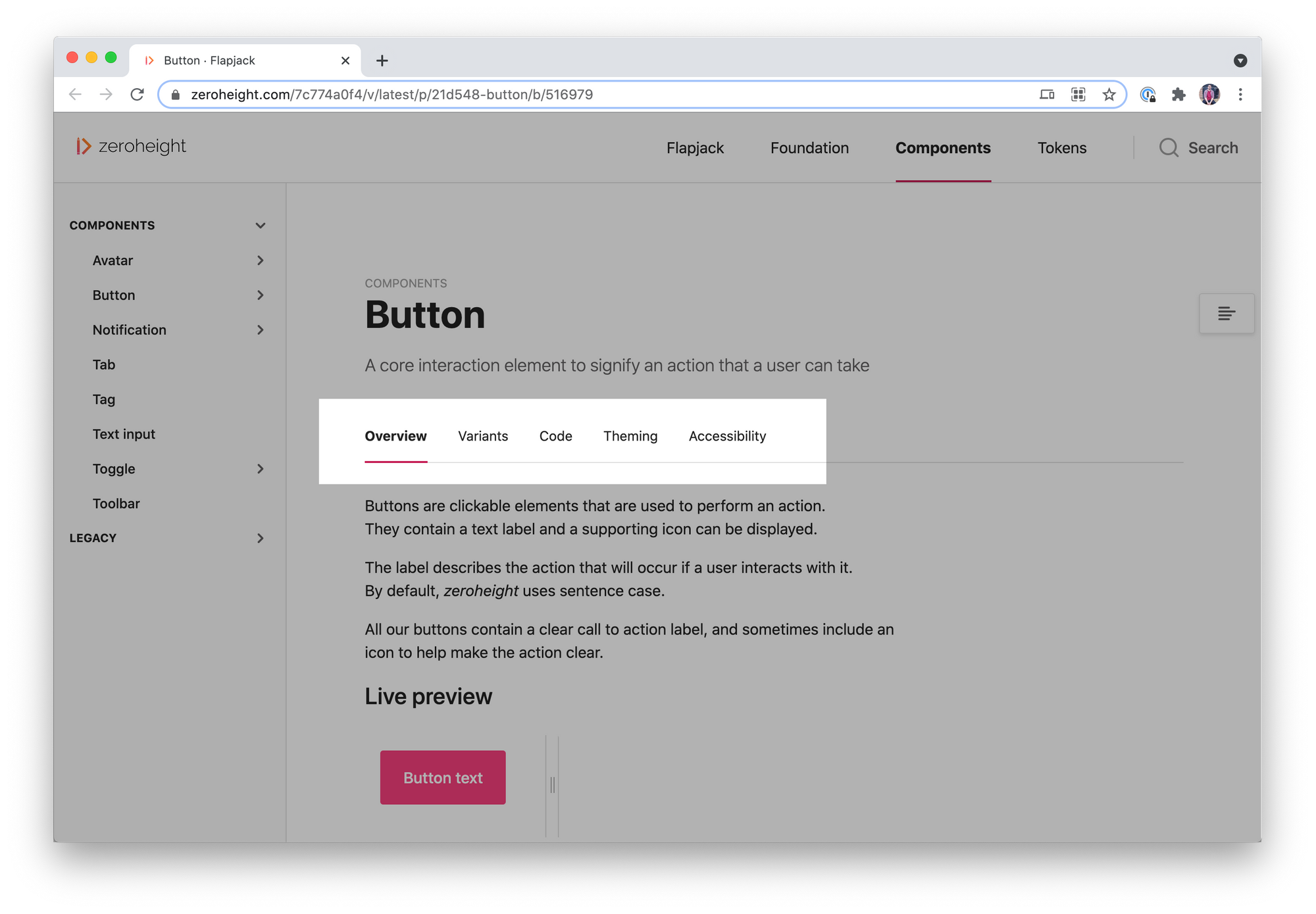 Screenshot of secondary navigation within a design system page