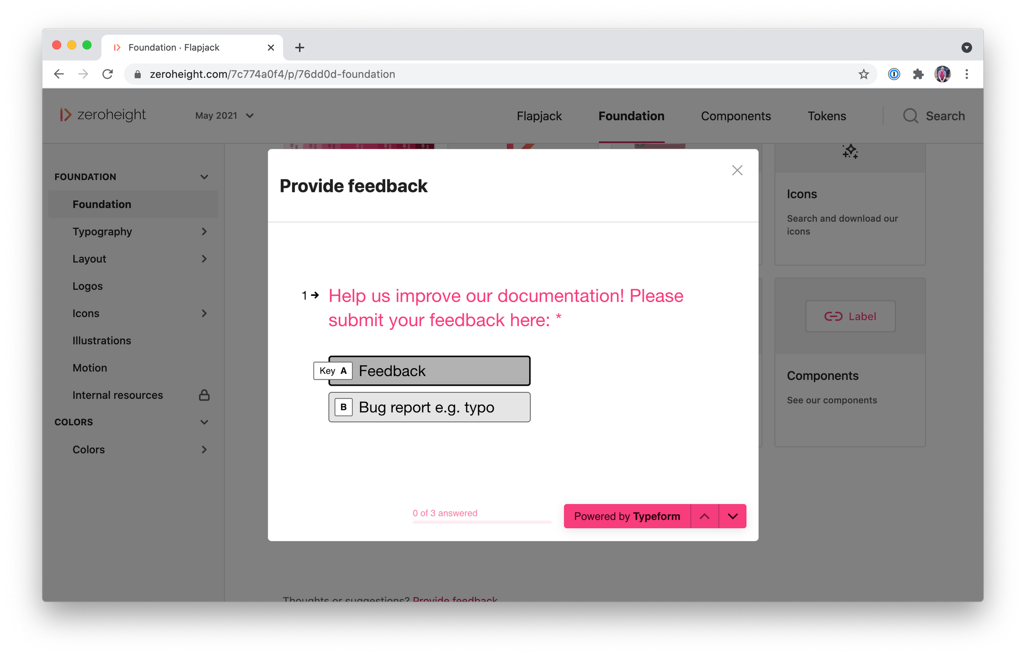 Screenshot of a design system page with a feedback request form