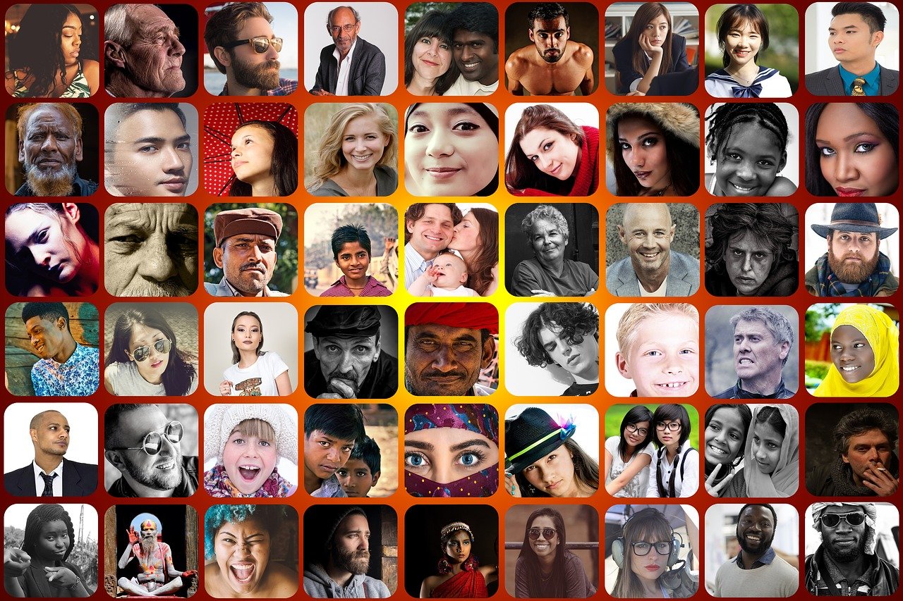 Grid of thumbnail images of people representing different ethnicities, ages, and genders 