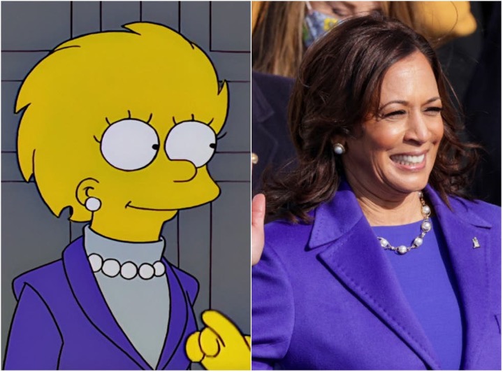 Side by side photos of Lisa Simpson and Kamala Harris in a similar outfit